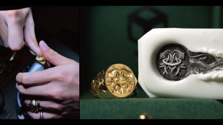 Hand Engraved Oval Signet Ring(K18YG)「MT+家紋(組み合い角に三つ星)+綱(結び)」の手彫り彫刻_thumbnail