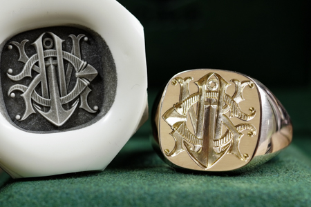 Hand Engraved Mellow Square Signet Ring(K10YG)「NCK+錨」 Hand Engraved Mellow Square Signet Ring(K10YG)「NCK+錨」