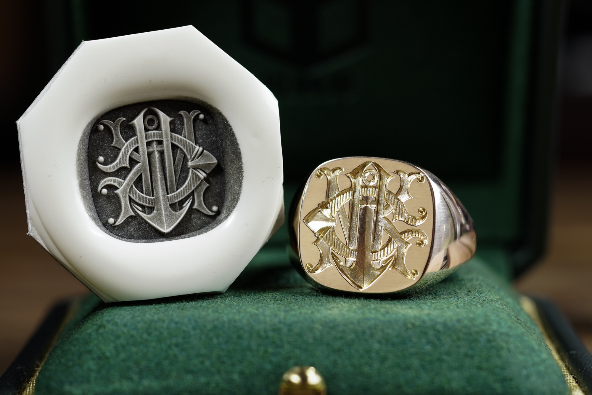 Hand Engraved Mellow Square Signet Ring(K10YG)「NCK+錨」 Hand Engraved Mellow Square Signet Ring(K10YG)「NCK+錨」