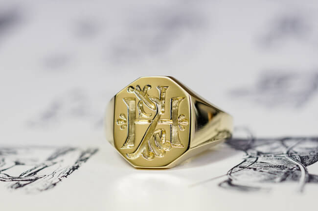 【Semi-custom made】Hand Engraved Octagon Signet Ring(18ct Yellow Gold(K18YG)) 「KH」_完成