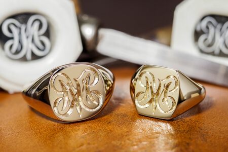Hand Engraved Rectangle Signet Ring(K14YG)&Mellow Square Signet Ring(K10YG)「KM」 Hand Engraved Rectangle Signet Ring(K14YG)&Mellow Square Signet Ring(K10YG)「KM」