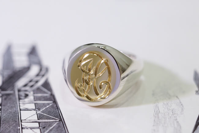 Hand Engraved Brass×Silver Combination Signet Ring(L) 「DH」_完成