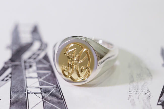 Hand Engraved Brass×Silver Combination Signet Ring(L) 「DH」_完成2