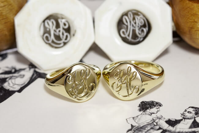 【Semi-custom made】Hand Engraved Pair Oval Signet Ring(Brass)「HA」「SH」_完成2