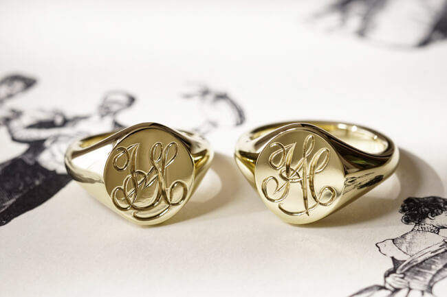 【Semi-custom made】Hand Engraved Pair Oval Signet Ring(Brass)「HA」「SH」_完成1
