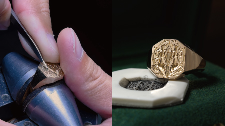 Hand Engraved Octagon Signet Ring(K9YG)「林（漢字）＋万年筆＋竹＋松」への手彫り彫刻_thumbnail