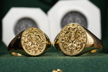 Hand Engraved Oval Signet Rings(K18YG)「SA+アイビー+八芒星+奥さまのご婚約指輪に彫られている模様」 Hand Engraved Oval Signet Rings(K18YG)「SA+アイビー+八芒星+奥さまのご婚約指輪に彫られている模様」