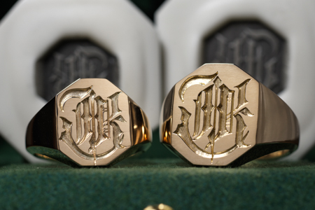 Hand Engraved Octagon Signet Rings(K9YG) 「TK」 Hand Engraved Octagon Signet Rings(K9YG) 「TK」