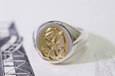 【Semi-custom made】Hand Engraved Brass×Silver Combination Signet Ring(L) 「DH」_1 【Semi-custom made】Hand Engraved Brass×Silver Combination Signet Ring(L) 「DH」_1