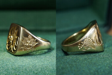 Hand Engraved Rectangle Signet Ring「M+ブルーベリー」+「M+稲穂」(K18YG) Hand Engraved Rectangle Signet Ring「M+ブルーベリー」+「M+稲穂」(K18YG)