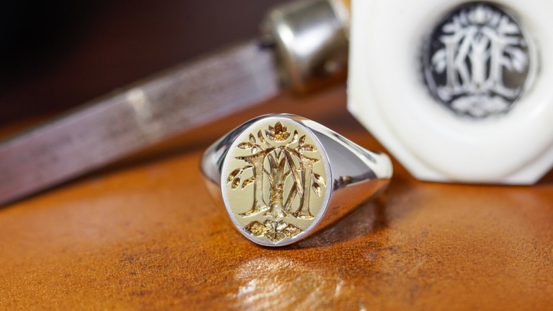 Hand engraved Brass×Silver Combination Signet Ring「KF」+「Elm tree with grapevines entwined, grapevine leaf, lotus flower」_2 Hand engraved Brass×Silver Combination Signet Ring「KF」+「Elm tree with grapevines entwined, grapevine leaf, lotus flower」_2