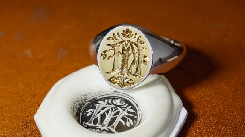 Hand engraved Brass×Silver Combination Signet Ring「KF」+「Elm tree with grapevines entwined, grapevine leaf, lotus flower」_3 Hand engraved Brass×Silver Combination Signet Ring「KF」+「Elm tree with grapevines entwined, grapevine leaf, lotus flower」_3