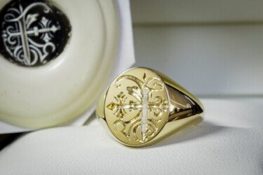 Hand Engraved Oval Signet Ring(K18YG)「E+模様」 Hand Engraved Oval Signet Ring(K18YG)「E+模様」