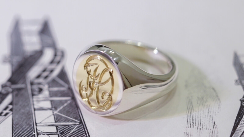 【Semi-custom made】Hand Engraved Brass×Silver Combination Signet Ring(L) 「DH」_4