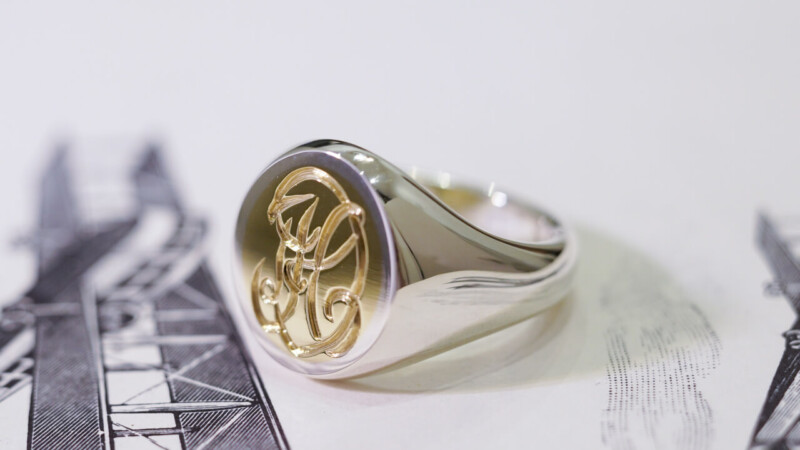 【Semi-custom made】Hand Engraved Brass×Silver Combination Signet Ring(L) 「DH」_5