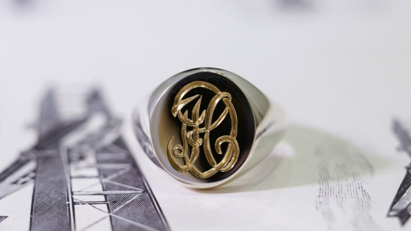 【Semi-custom made】Hand Engraved Brass×Silver Combination Signet Ring(L) 「DH」_12