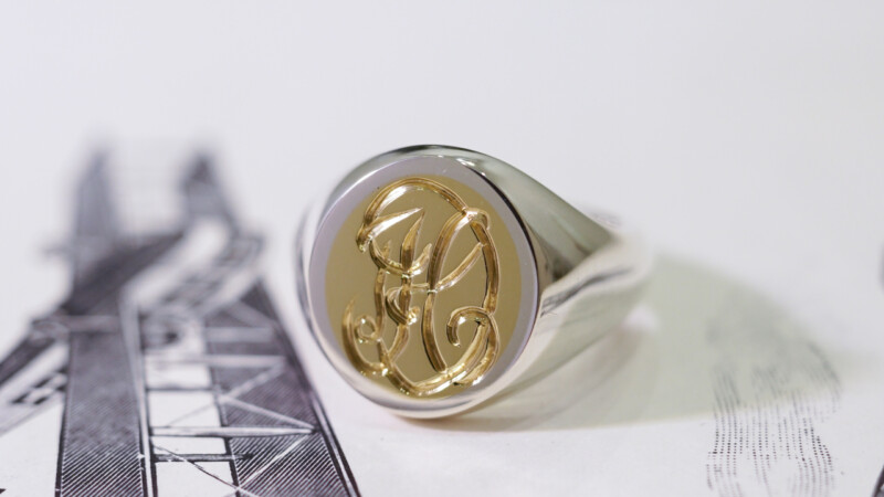 【Semi-custom made】Hand Engraved Brass×Silver Combination Signet Ring(L) 「DH」_3