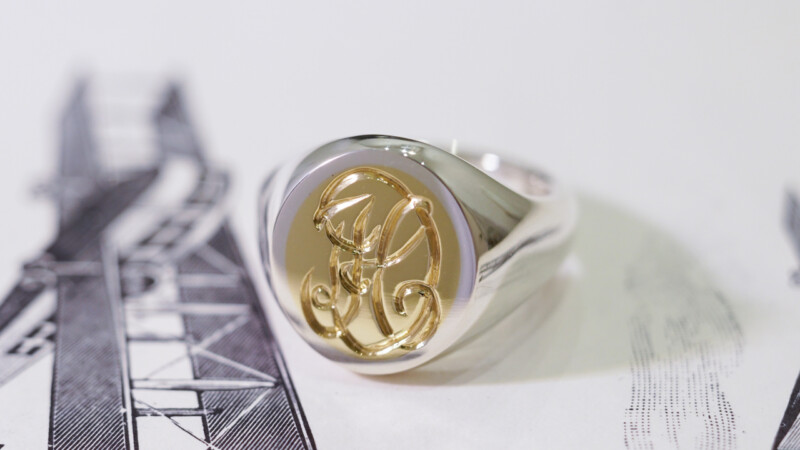【Semi-custom made】Hand Engraved Brass×Silver Combination Signet Ring(L) 「DH」_2