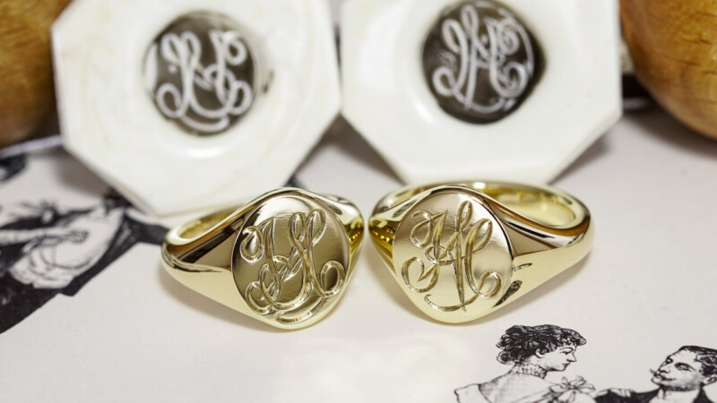 【Semi-custom made】Hand Engraved Pair Oval Signet Ring(Brass)「HA」「SH」_2 【Semi-custom made】Hand Engraved Pair Oval Signet Ring(Brass)「HA」「SH」_2