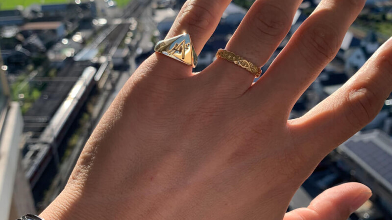【Bespoke Order】Hand Engraved Triangle Signet Ring(18ct Yellow Gold)「A,桃の花と枝」_14 【Bespoke Order】Hand Engraved Triangle Signet Ring(18ct Yellow Gold)「A,桃の花と枝」_14