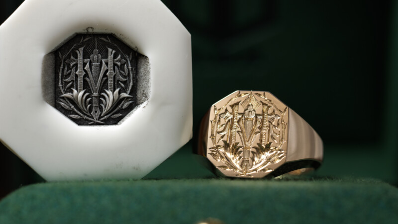 Hand Engraved Octagon Signet Ring(K9YG)「林(漢字)+万年筆+竹+松」_3 Hand Engraved Octagon Signet Ring(K9YG)「林(漢字)+万年筆+竹+松」_3