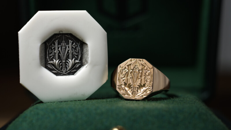 Hand Engraved Octagon Signet Ring(K9YG)「林(漢字)+万年筆+竹+松」_2 Hand Engraved Octagon Signet Ring(K9YG)「林(漢字)+万年筆+竹+松」_2
