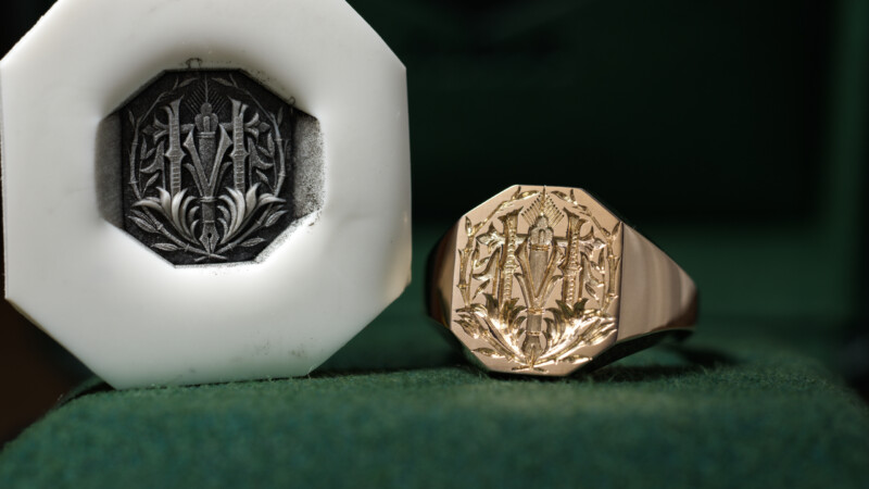 Hand Engraved Octagon Signet Ring(K9YG)「林(漢字)+万年筆+竹+松」_4 Hand Engraved Octagon Signet Ring(K9YG)「林(漢字)+万年筆+竹+松」_4