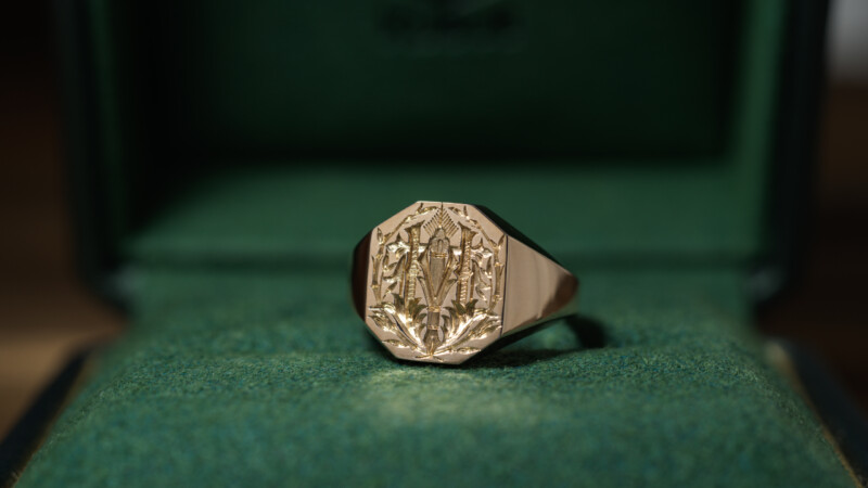 Hand Engraved Octagon Signet Ring(K9YG)「林(漢字)+万年筆+竹+松」_9 Hand Engraved Octagon Signet Ring(K9YG)「林(漢字)+万年筆+竹+松」_9