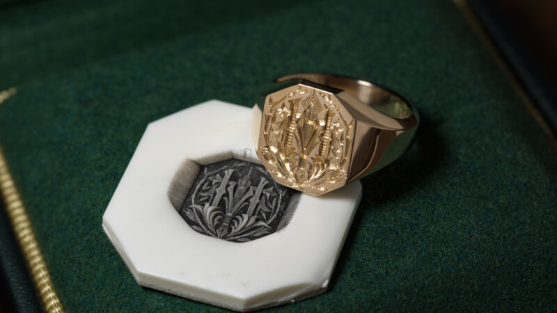 Hand Engraved Octagon Signet Ring(K9YG)「林(漢字)+万年筆+竹+松」_7 Hand Engraved Octagon Signet Ring(K9YG)「林(漢字)+万年筆+竹+松」_7