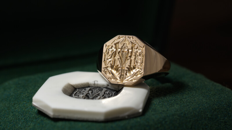 Hand Engraved Octagon Signet Ring(K9YG)「林(漢字)+万年筆+竹+松」_6 Hand Engraved Octagon Signet Ring(K9YG)「林(漢字)+万年筆+竹+松」_6