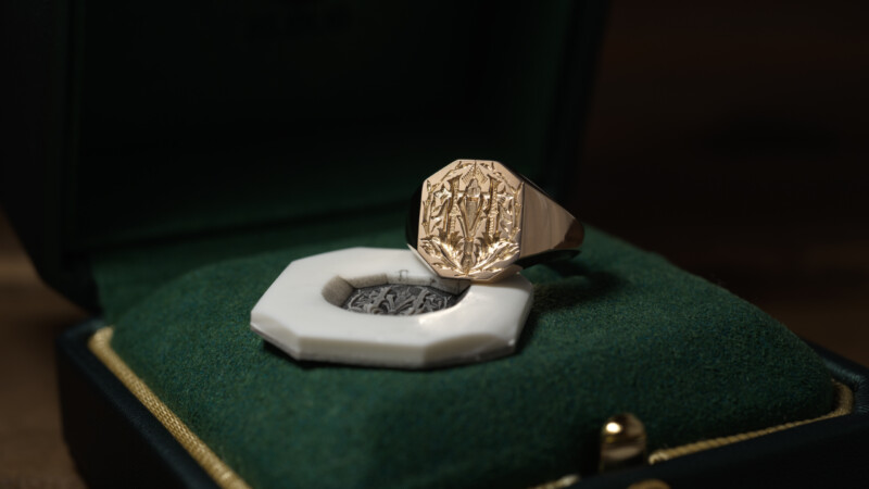 Hand Engraved Octagon Signet Ring(K9YG)「林(漢字)+万年筆+竹+松」_5 Hand Engraved Octagon Signet Ring(K9YG)「林(漢字)+万年筆+竹+松」_5