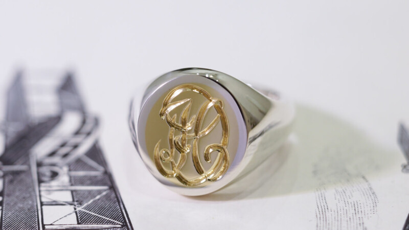 【Semi-custom made】Hand Engraved Brass×Silver Combination Signet Ring(L) 「DH」_1